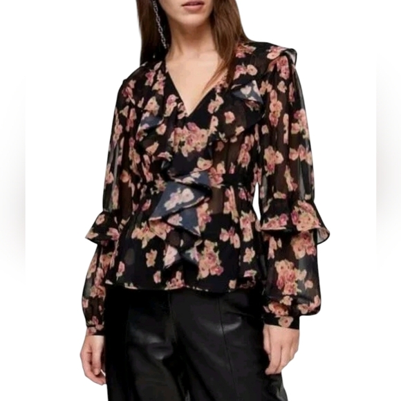 Topshop V Neck Black Floral Ruffle Long Sleeve Blouse 6 NWT - Picture 1 of 10
